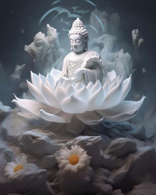Biały posąg Buddy siedzi w chmurach.