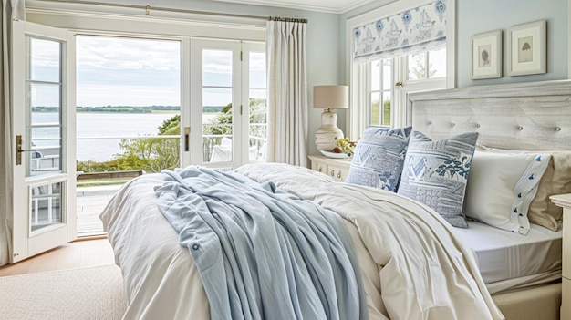 Biały przybrzeżny domek sypialni dekoracja wnętrz i dekoracja domu łóżko z elegancką pościelą i meblami na zamówienie angielski dom wiejski i wynajem wakacyjny