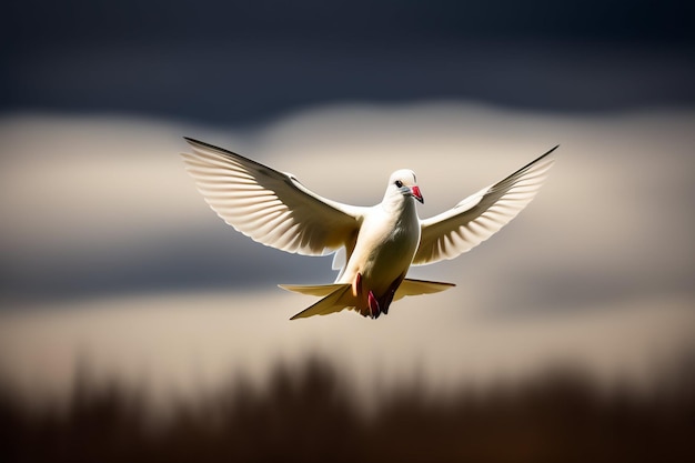 Biały ptak z czerwonym dziobem leci po niebie.