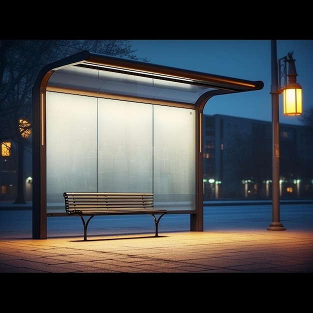 Biały pusty pionowy billboard na przystanku autobusowym na ulicy miejskiej na tle autobusów