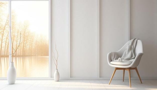 Biały pusty pokój z pojedynczym nowoczesnym krzesłem