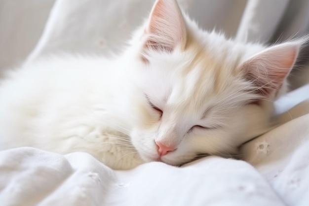 Biały puszysty kot leżący na łóżku i patrzący w kamerę Generacyjna AI