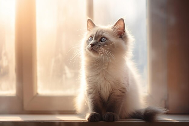 Biały, puszysty kotek z niebieskimi oczami