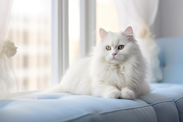 Biały, puszysty kotek z niebieskimi oczami