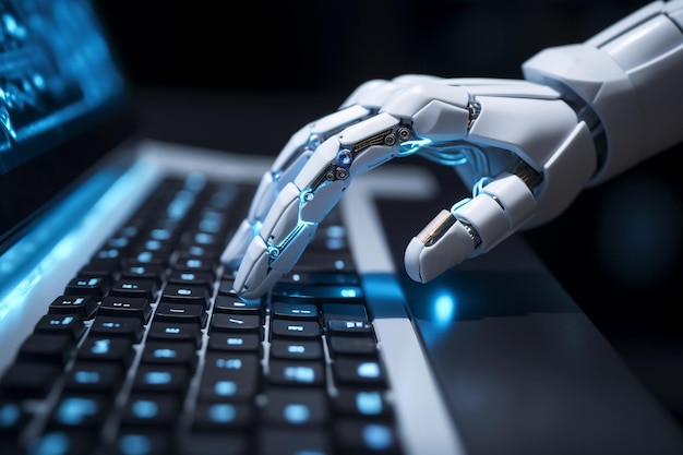 Biały robot cyborg naciskający klawiaturę na laptopie Generatywna sztuczna inteligencja