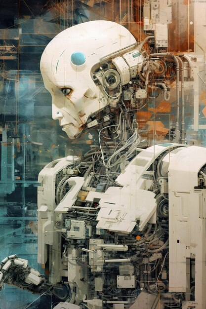 Biały robot stojący przed generatywnym obrazem AI budynku