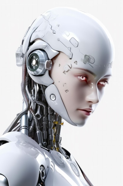 Biały robot z czerwonymi oczami i białą głową patrzy na kamerę Generatywna sztuczna inteligencja