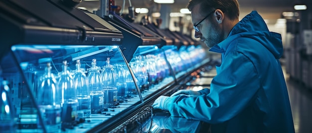 Zdjęcie biały robotnik przemysłowy sprawdza odczyty maszyny produkcyjnej w niebieskim płaszczu laboratoryjnym
