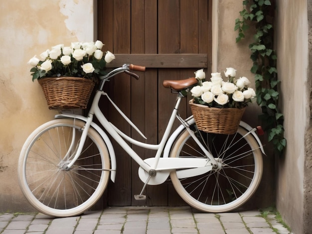 Biały rower ozdobiony koszykami wypełnionymi białymi różami