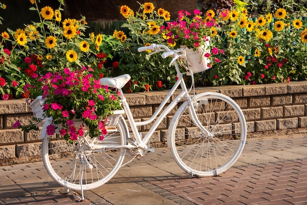 Biały rower z kwiatami w ogrodzie