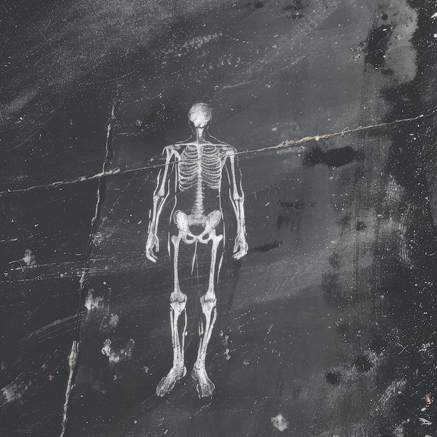 Biały rysunek ludzkiego szkieletu na ciemnej asfaltowej powierzchni