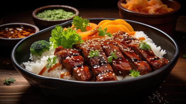 biały ryż z wołowiną teriyaki i pokrojonymi warzywami na talerzu z czarnym i rozmytym tłem