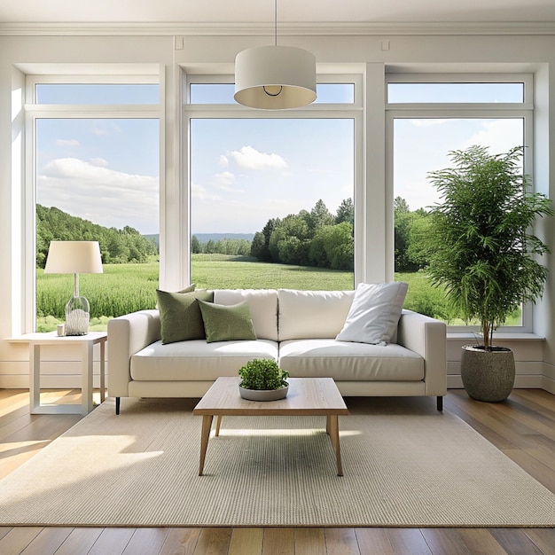 biały salon z kanapą i letnim krajobrazem