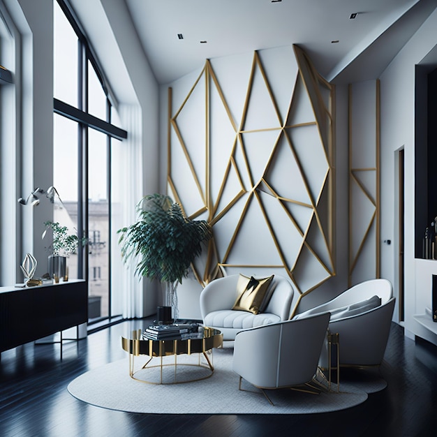 Zdjęcie biały salon z wolną przestrzenią ze złotymi detalami