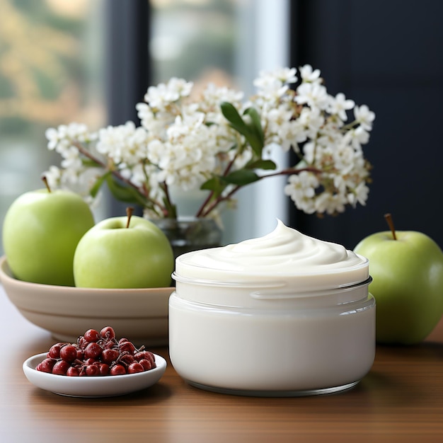 Biały słoik kosmetyczny na opakowaniu kremu kosmetycznego na tle jabłka