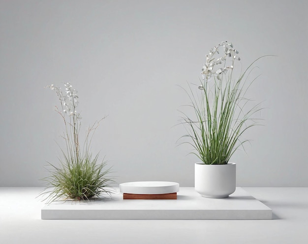 biały stół z dwoma białymi roślinkami na górze