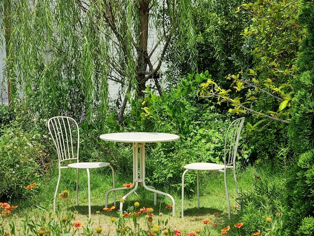 Biały stół z krzesłem w ogrodzie