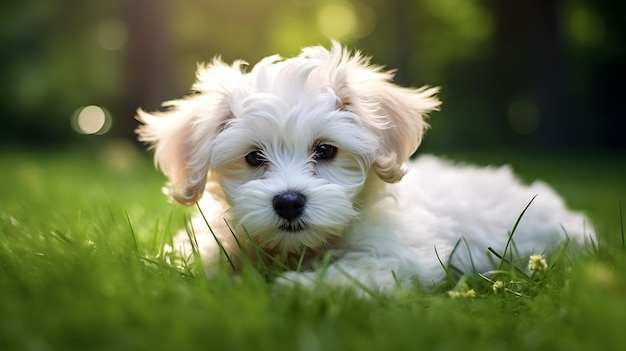 Biały szczeniak Maltipoo leży na trawie Maltese i Poodle mieszają generatywną AI