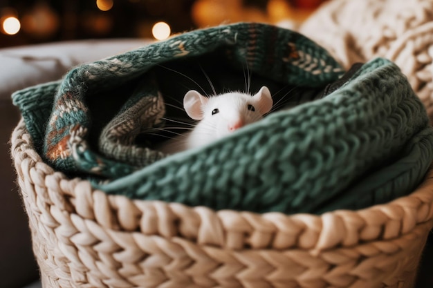 Biały szczur z ciepłym szalikem w koszu w domu