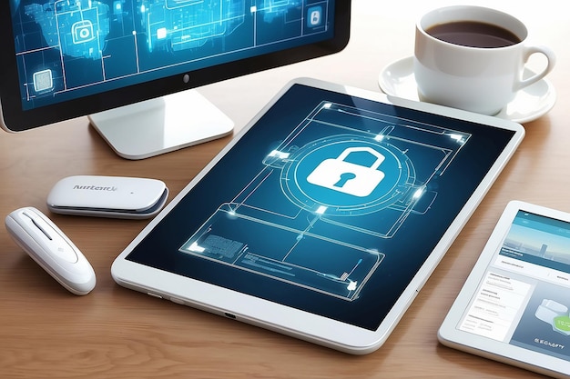 Zdjęcie biały tablet i koncepcja bezpieczeństwa dostępu na ekranie medialnym