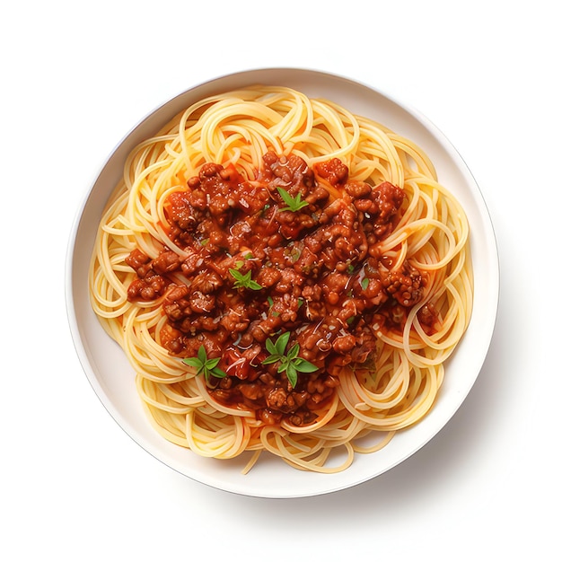 Biały talerz pysznego spaghetti bolognese na białym tle generatywnej ai