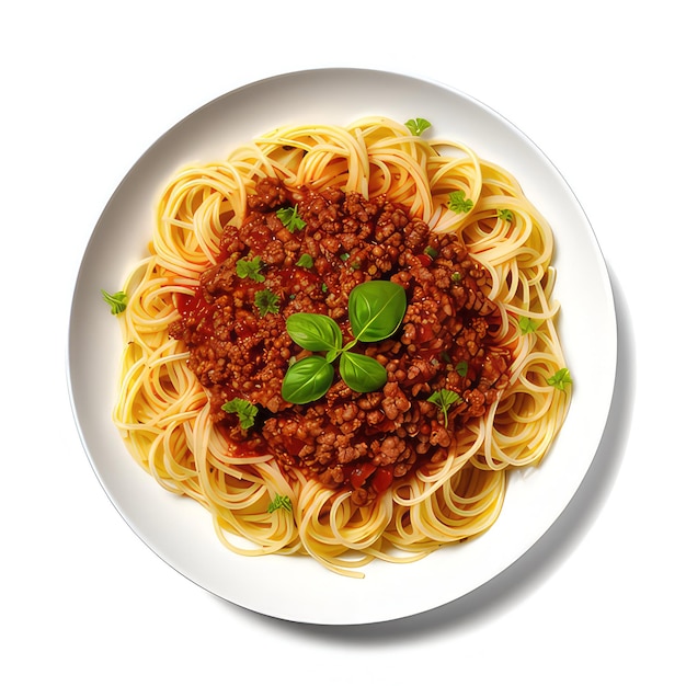 Biały talerz spaghetti bolognese na białym tle koloru generatywnego ai