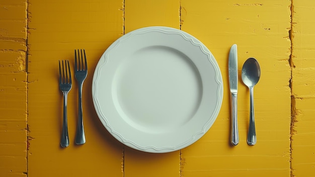 Biały talerz z łyżką i widelcem na żółtym tle Koncepcja przygotowania posiłku
