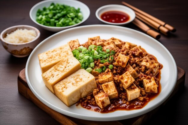 Zdjęcie biały talerz z tofu i następnymi warzywami.