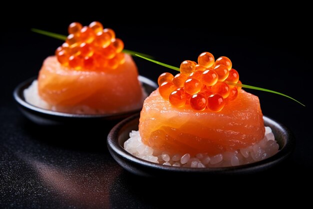 Zdjęcie biały talerz z tuńczykiem i sushi z łososia na niebieskim tle