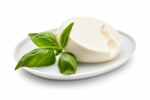 biały talerz zwieńczony kawałkiem sera i liściem