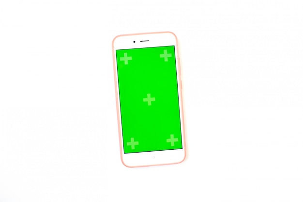 Biały telefon komórkowy z zielonego ekranu i punktów kontrolnych na na białym tle