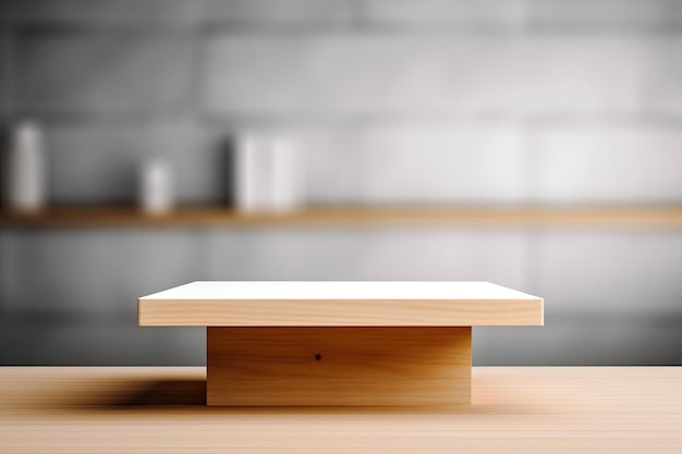 Biały tło z pustym drewnianym stołem służy do wystawiania lub montażu towarów