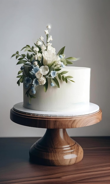 Biały tort weselny z niebieskimi kwiatami na wierzchu.