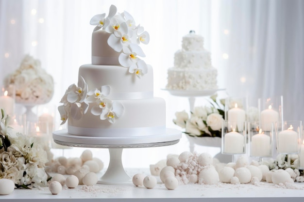 biały tort z kwiatami i biały tort z białym kwiatkiem na wierzchu.