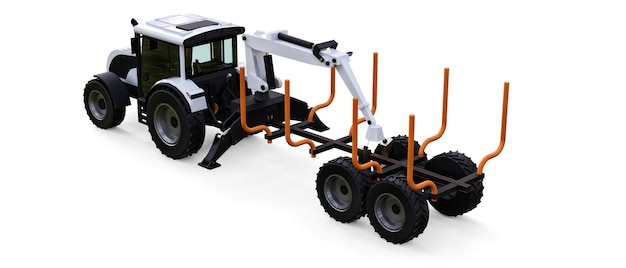 Biały traktor z przyczepą do wyrębu na białym tle. renderowania 3D.