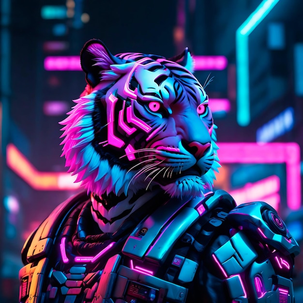 Zdjęcie biały tygrys cyborg neon cyberpunk