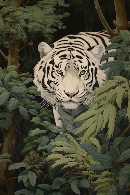 Biały tygrys jest w dżungli z zielonymi liśćmi.
