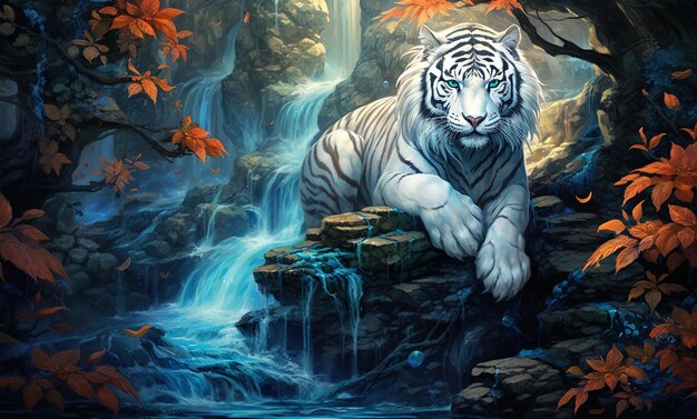 biały tygrys leży na skale przed wodospadem