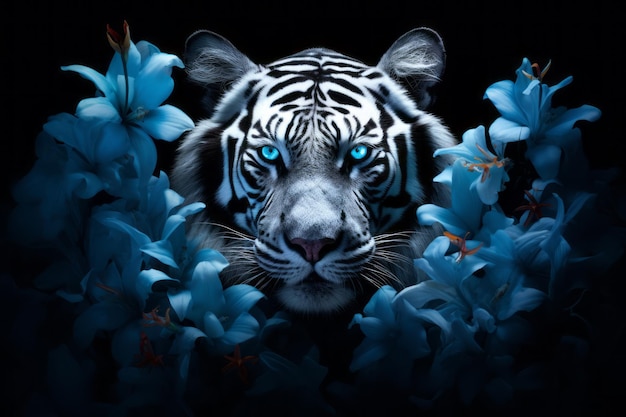 biały tygrys o niebieskich oczach otoczony niebieskimi kwiatami