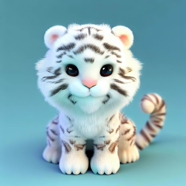 Biały tygrys z dużymi oczami siedzi na niebieskim tle.