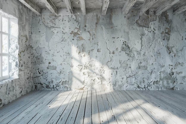 Biały vintage wnętrze z kamiennymi ścianami i drewnianą podłogą Idealne tło dla projektów