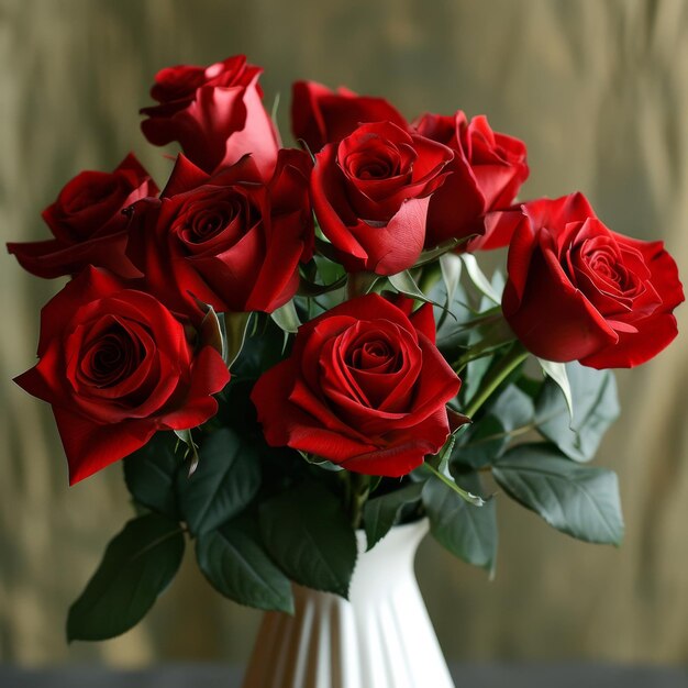 Biały wazon wypełniony czerwonymi różami na stole