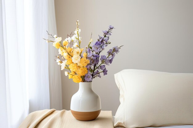 Biały wazon wypełniony żywymi żółtymi i fioletowymi kwiatami