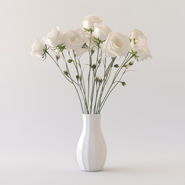 Biały wazon z białymi różami i zielonymi łodygami3d bukiet na ślub dzień walentynki lub rocznicę