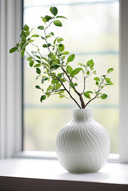 biały wazon z rośliną stojącą obok okna w stylu jasnozielono-srebrnym