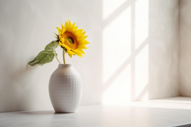 Biały wazon z żółtym słonecznikiem na białym stole Generative AI