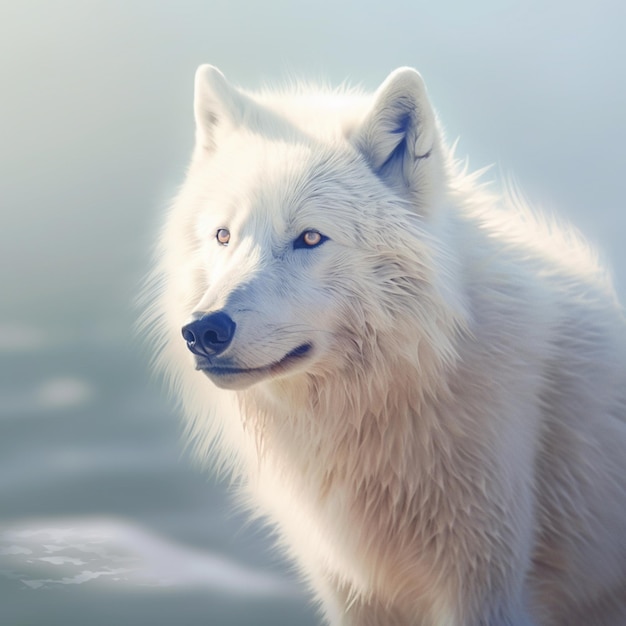 Biały wilk o niebieskich oczach i niebieskim oku.