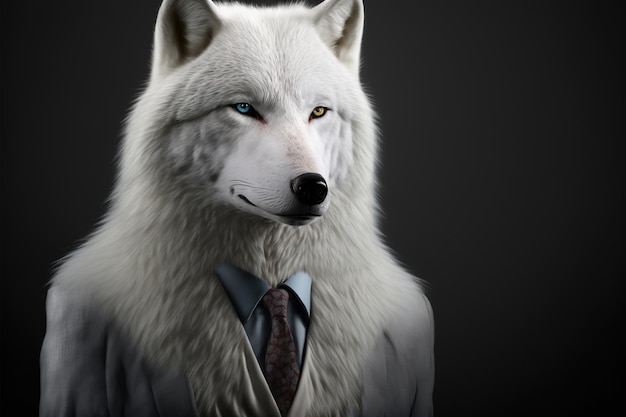 Biały wilk z niebieskimi oczami i garniturem.