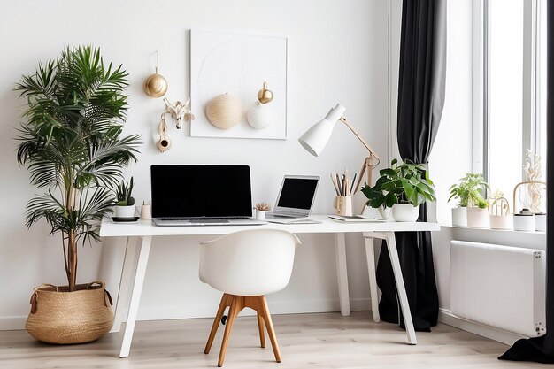 Biały wnętrze biura z laptopem i dekoracjami