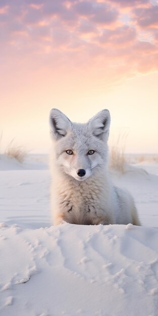 Zdjęcie biały wschód słońca - wspaniała fotografia artystyczna lisa polarnego przy zachodzie słońca